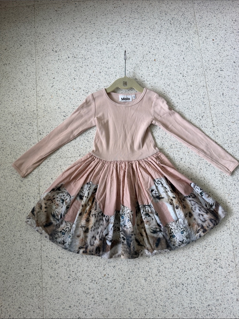Molo Girls Pink Long-Sleeve Dress with Snow Leopard Print Skirt